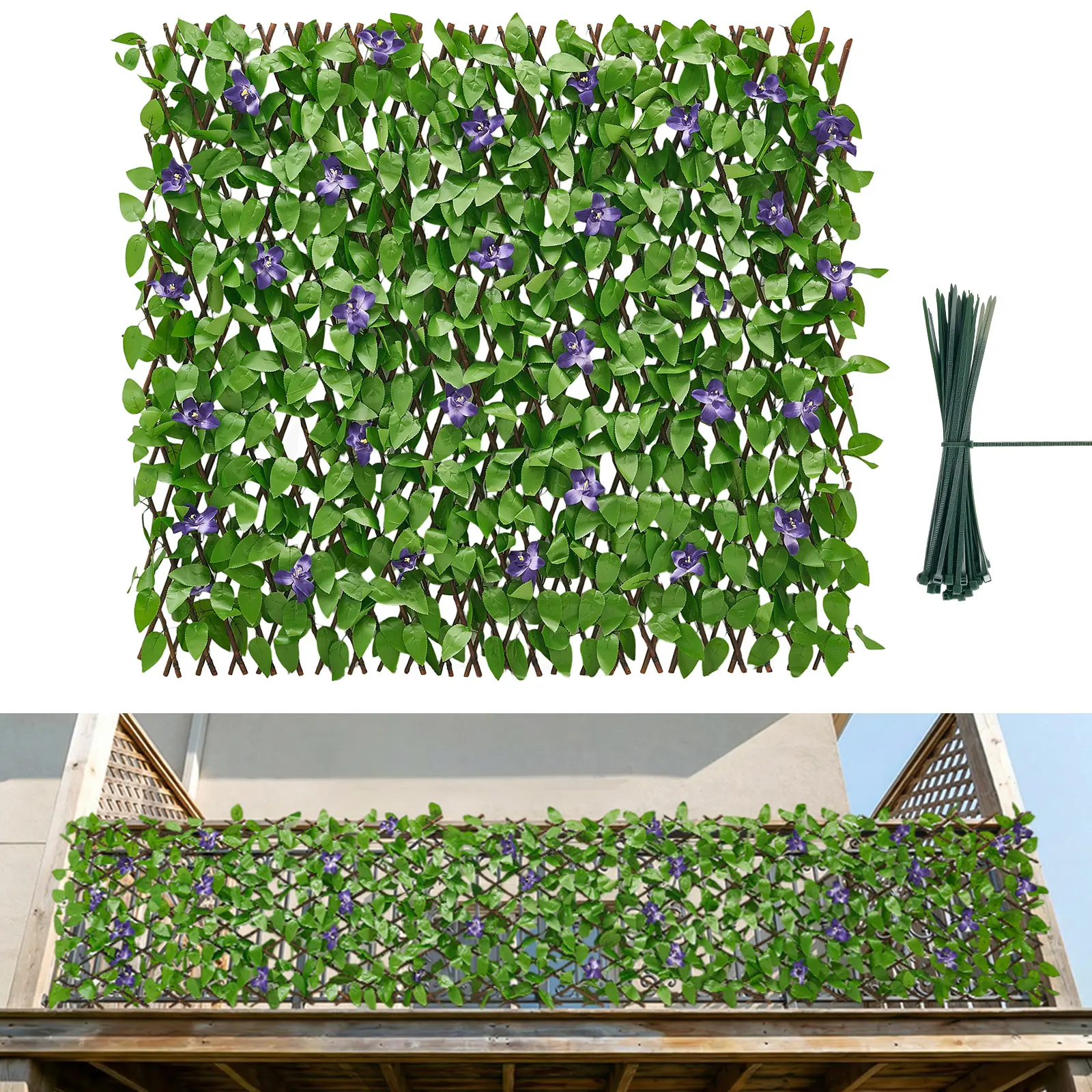 【SummerFinds】VEVOR Expandable & Foldable Privacy Fence Screen, 25.5x122in Artificial Plant Wall Panel with Fabric Leaves & 50 Zip Ties, Faux Greenery Green Screen Backdrop for Balcony, Patio, Father's Day Gift