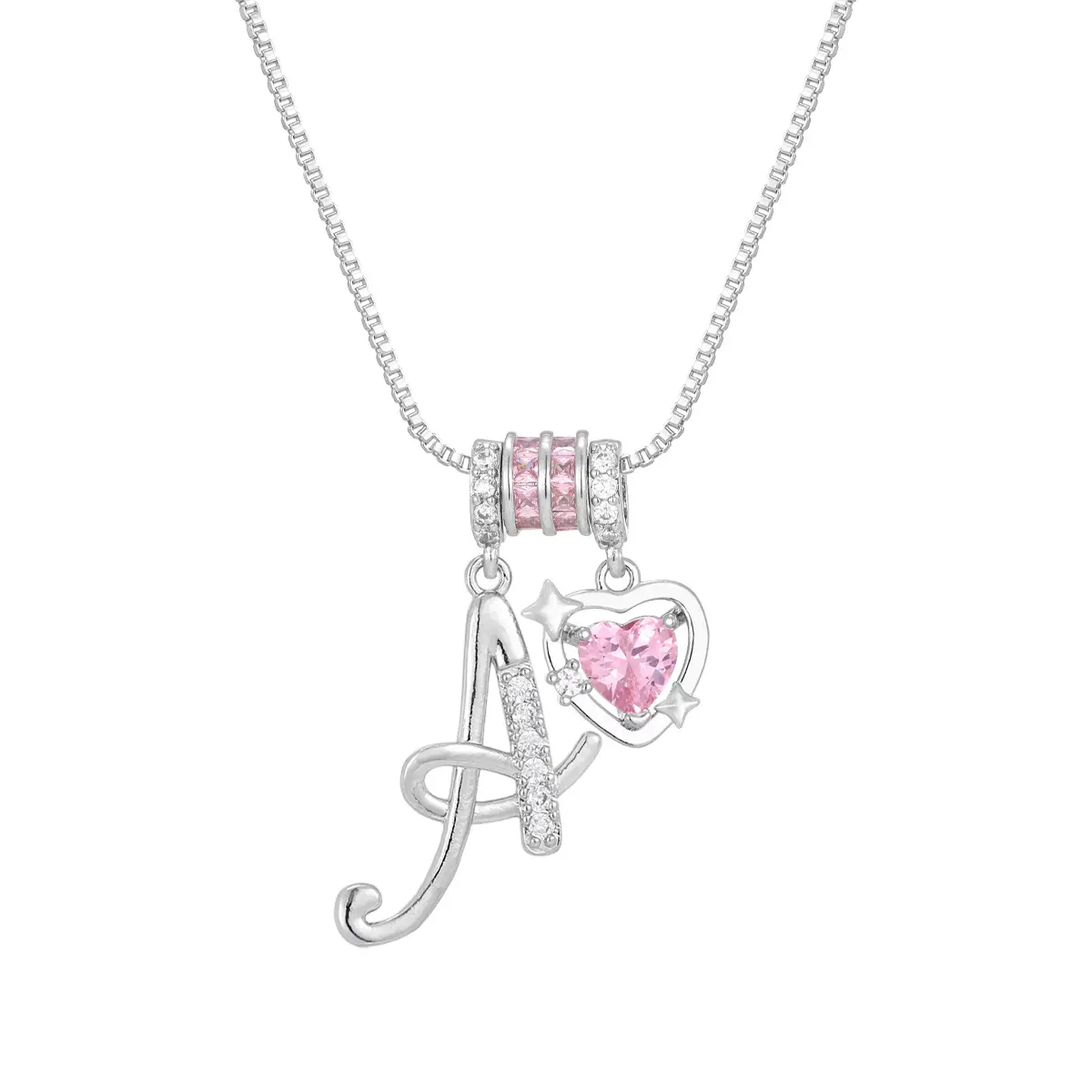 Initial Necklace For Women, 925 Silver Plated 3-Layer A-Z Letter Pendant Necklace With Pink Heart Cubic Zirconia, Dainty Adjustable Box Chain Choker, Personalized Jewelry Gift For Her