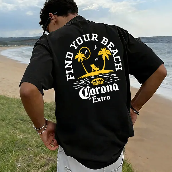 Men’s Oversized Corona Extra "Find Your Beach" Graphic Top - Soft Cotton Blend, Retro Beer Logo Print, Round Neck Menswear Fashion Streetwear for Summer Beachgoers, Casual Wear, Shorts