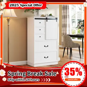 CANMOV Farmhouse 5 Drawers Dresser, 51" Tall White Chest of Drawers with Sliding Barn Doors and Adjustable Shelves for Bedroom, Hallway, Living Room