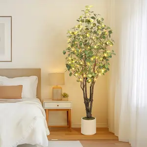 5/6/7ft Artificial Eucalyptus Tree,Tall Fake Artificial Plant with White Planter,Large Faux Floor Plant with 50 Lights for Home Decor Indoor