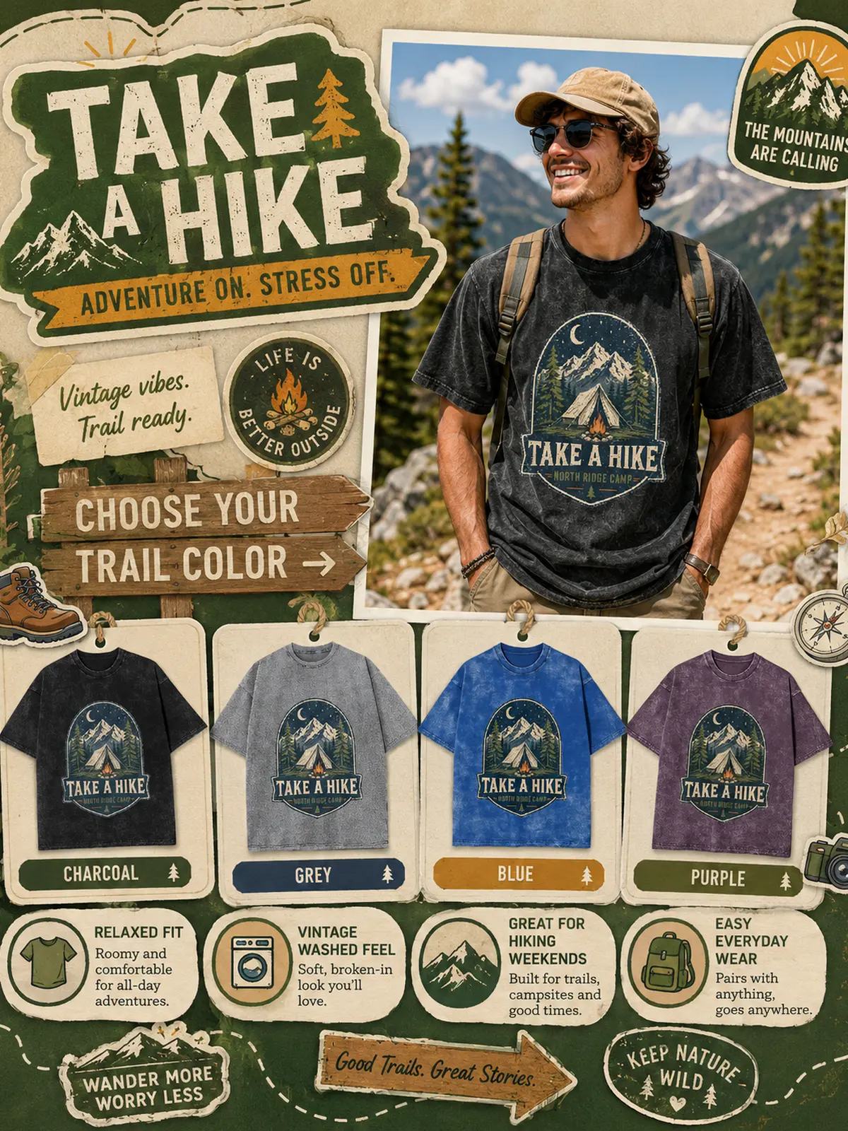 Hiking Graphic Tee, Camping Outdoor T Shirt, Unisex Cotton Take A Hike T-Shirt