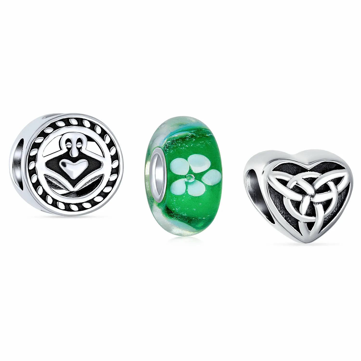 Lucky Green Clover & Knot Claddagh Charm Bead Set .925 Sterling Silver for Bracelet