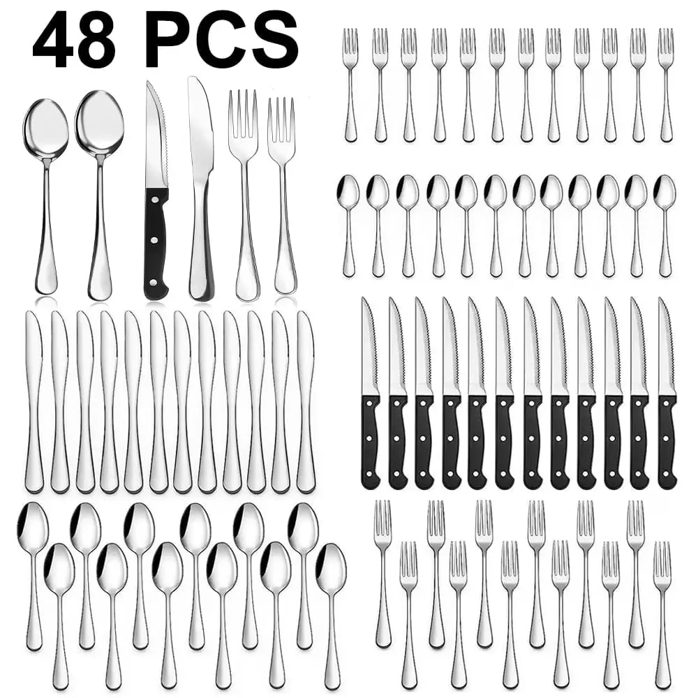 48 Piece Stainless Steel Silverware Set with Steak Knives Service for 8 Mirror Polished Flatware Cutlery Set Dishwasher Safe for Home Kitchen Restaurant