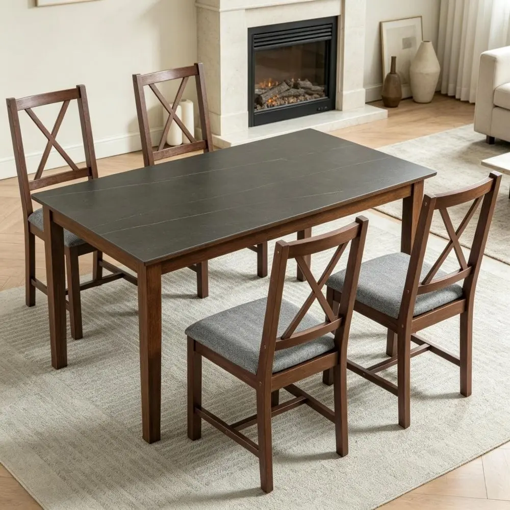 4-Piece Armless Mid-Century Dining Chair Set, Sturdy Rubberwood Walnut Frame, Padded Seats, Breathable Fabric X-Back Wood Furniture, Requires Assembly, Indoor Contemporary 4 x Dining Chairs for Home Dining Use, Four Chairs