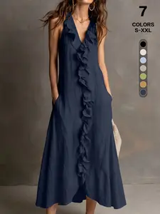 2026 European Style Halter Neck Dress, Summer V-Neck Sleeveless Waist-Cropped Long Dress, Breathable Comfortable House Dress
