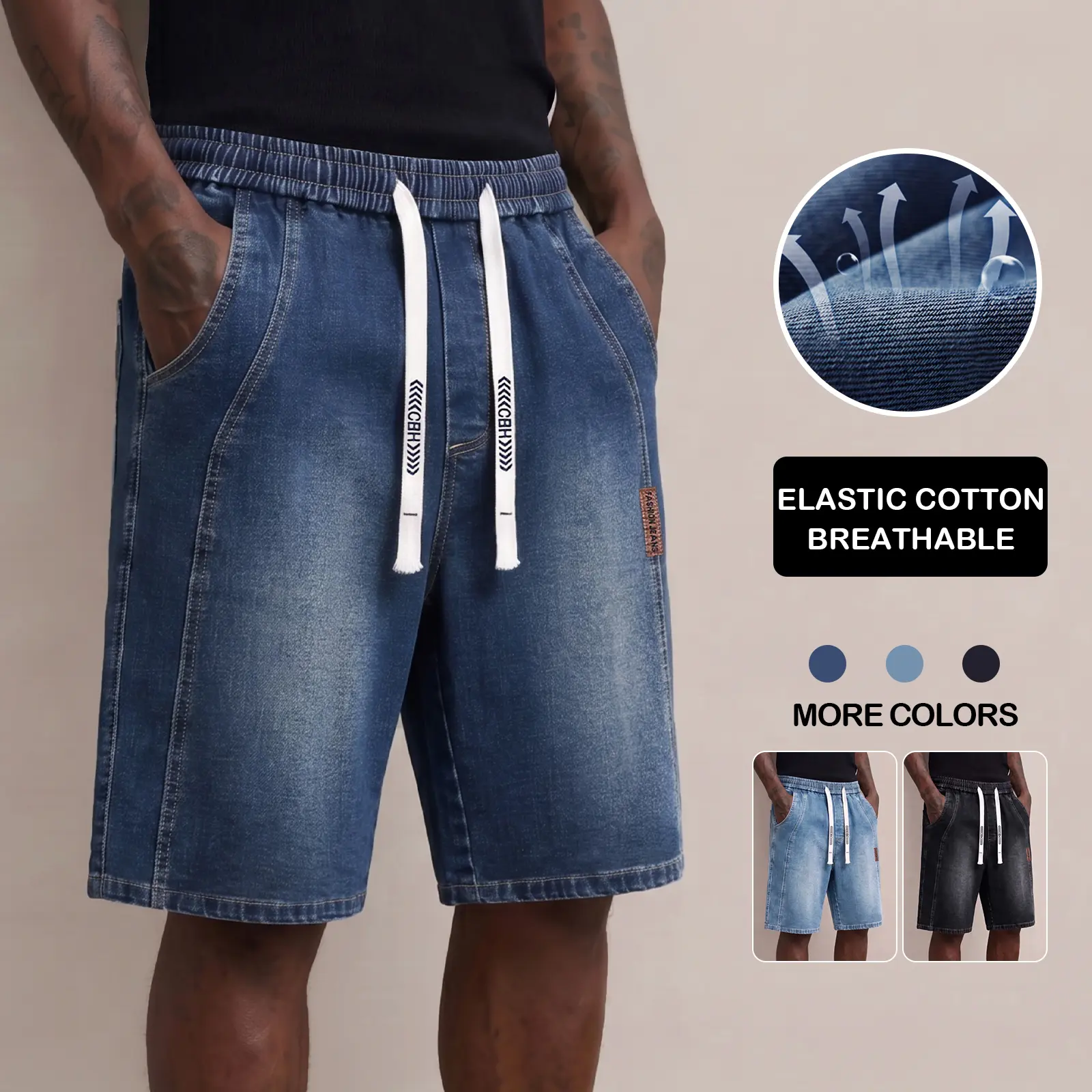 Men's Washed Denim Shorts, Casual Straight Fit in a Soft Stretch Cotton Blend, Lightweight with Drawstring Waist for Stylish Outdoor Wear, Plain, Fashion, Outdoors, Fabric, 59.8% Cotton, Straight Pants, Jean Shorts, Woven, Short Pants
