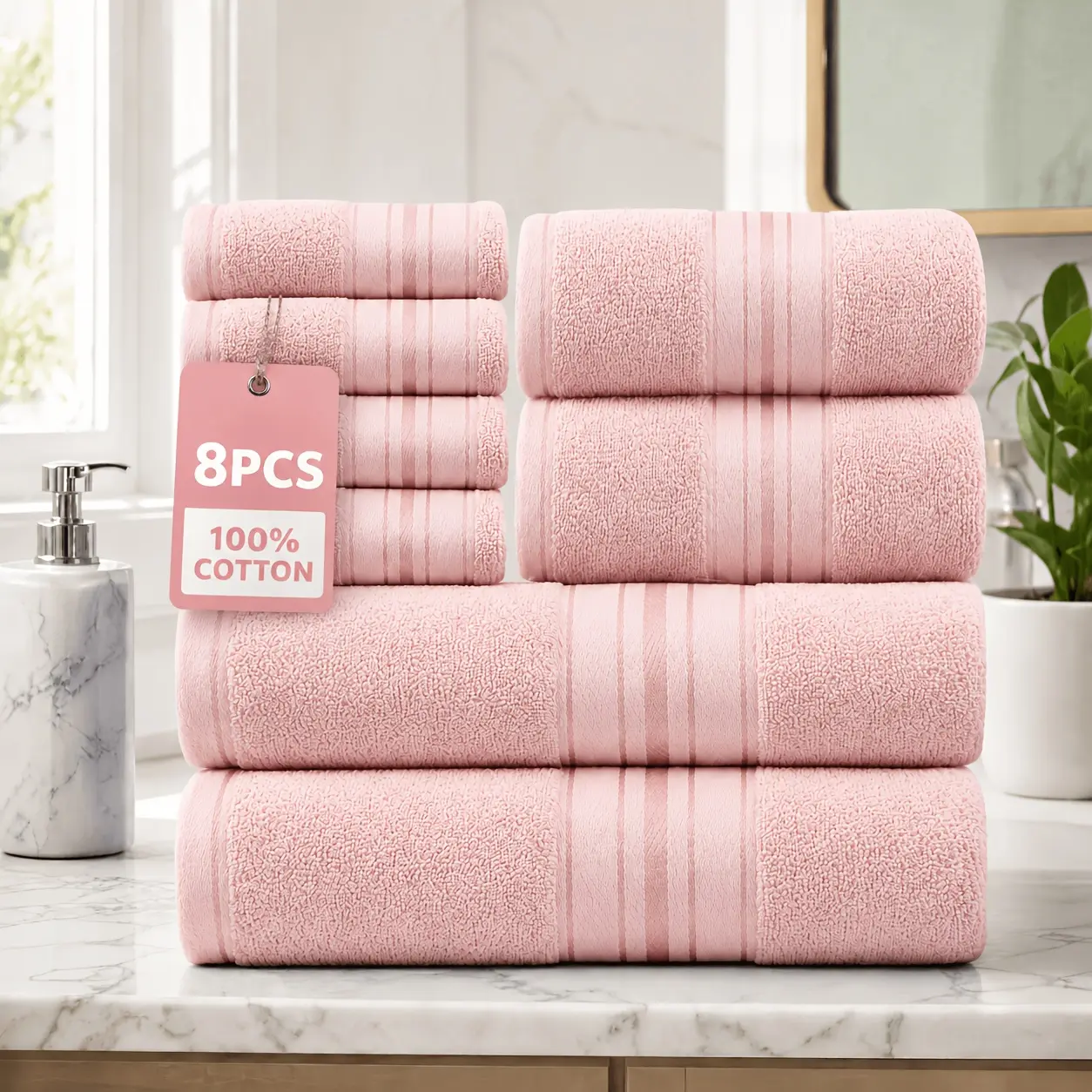 Unisex 8pcs 100% Cotton Luxury Hotel-Quality Collection, Includes 2 Bath Linens, 2 Hand Linens, 4 Washcloths, Soft Absorbent Home Bathroom Essentials