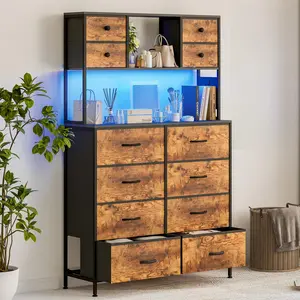 12 Drawer Fabric Dresser with LED Lights, Power Outlet & Open Shelves, Wood Top Metal Frame