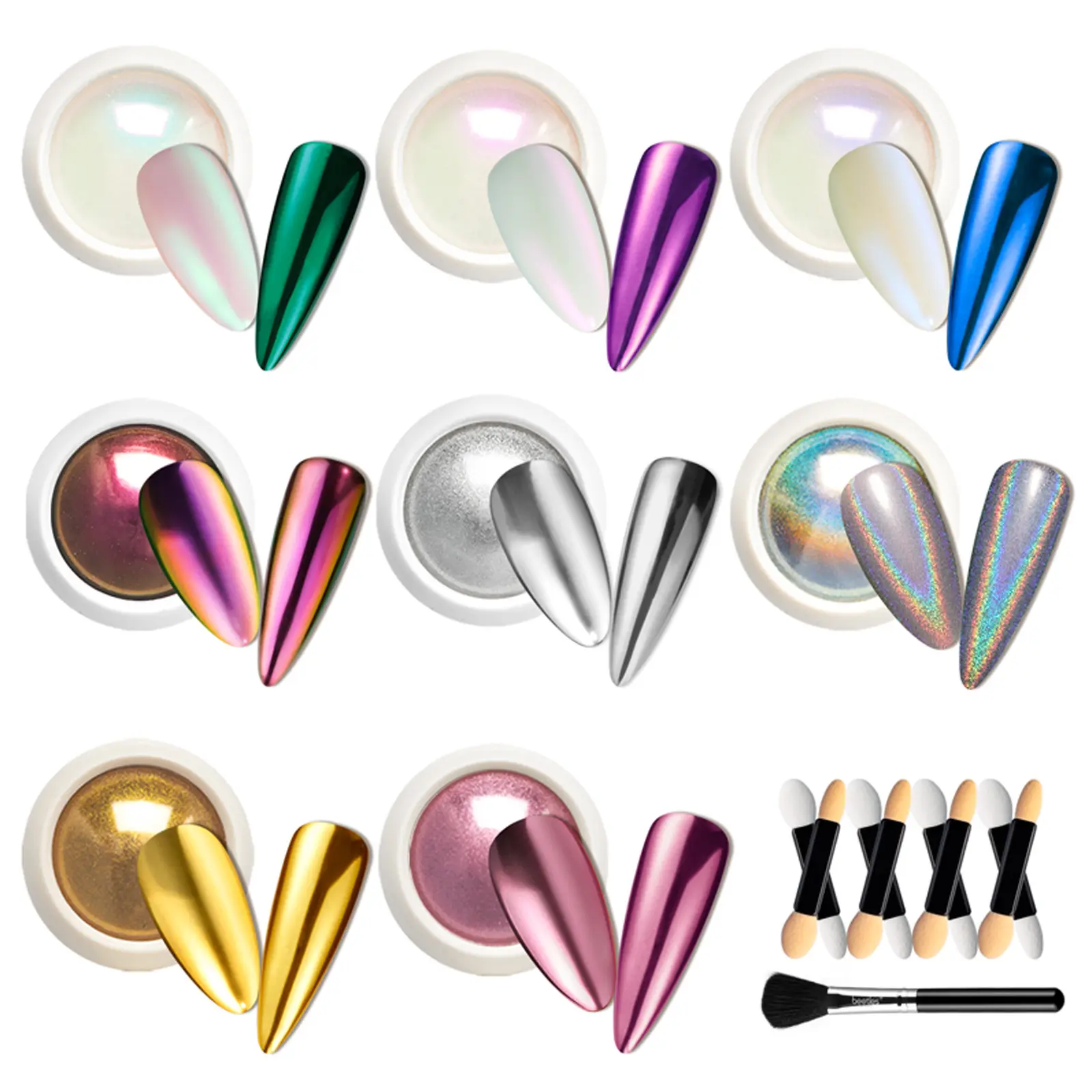 Beetles Chrome Nail Powder Mirror Effect Holographic Aurora Iridescent Pearlescent Manicure Nail Art Decoration Glitter, 8 Colors Gift for Women, 8 Colors Nail Powder, Nail Art Supplies