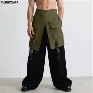 INCERUN Men's Autumn Winter Workwear Pants - Stylish Polyester Fabric, Patchwork Wide Leg, Irregular Layered Buckle, Elastic Street Casual Trousers