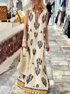 Boho Bohemian Sleeveless Maxi Dress, Ethnic Style Geometric Print, Women's Summer Vacation Swing Dress, Plus Size Fashion, Casual Wear