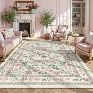 Vintage Boho Area RugsWashable Non-Slip Living Room Carpet Soft Low Pile Thin Bedroom Floor Mat Indoor for Dining Room Playroom Nursery Farmhouse, Beige/Light Pink/Multi
