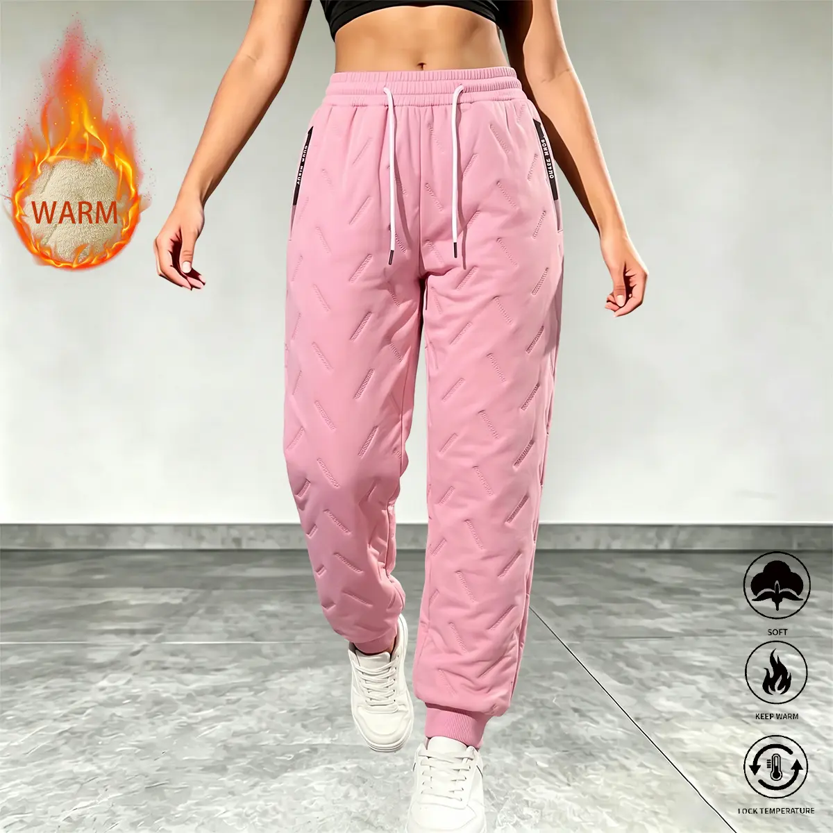 JOGWAVE women’s winter fashion versatile thick, warm pants featuring a drawstring waist and cuffs at the leg openings, suitable for everyday commuting, walking, outdoor skiing, jogging, cycling, and casual gatherings.