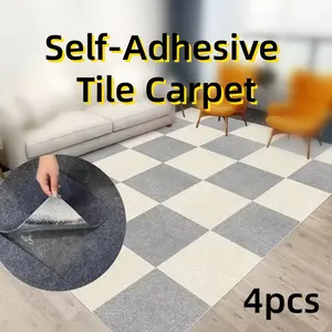 4pcs Self-Adhesive Tile Carpet, Square Long Peel-And-Stick Carpet, Floor Tile with Backing, Anti-Slip Mat, Home Carpet Tile Decoration, Ideal for Living Room, Bedroom, Laundry Area, Home Decor, Checkered area rug, Measuring 11.81inch X 11.81inch