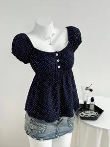 Summer French Polka Dot Square Neck Bubble Sleeve Top, Navy Pearl Trim Babydoll Shirt, High Waist A-Line Casual Slim Fit T-Shirt