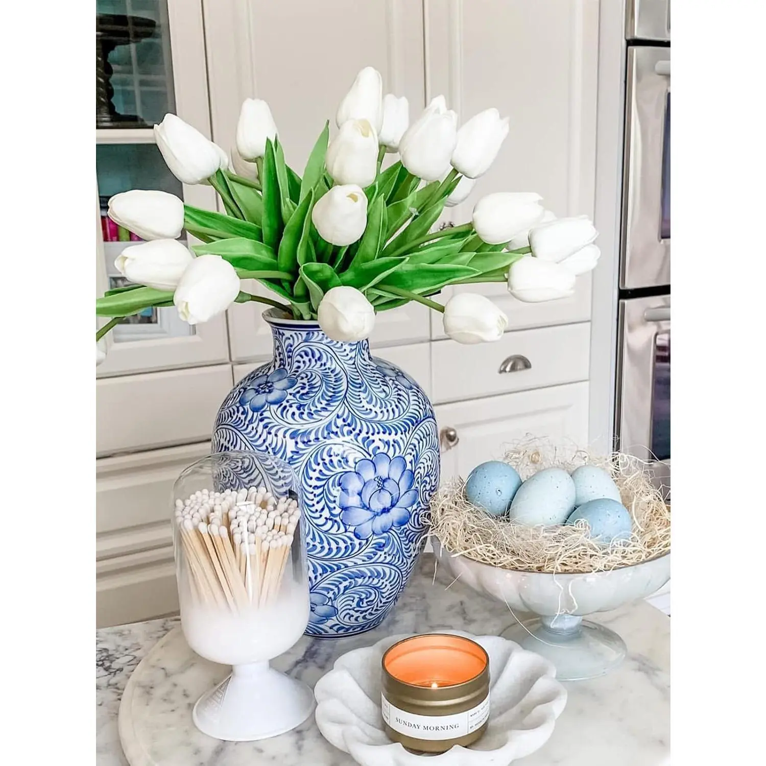 White Tulips Artificial Flowers 18Pcs Faux Silk Tulip Real Touch Tulip Fake Flowers Bouquets Arrangements for Mother's Day Easter Spring Flowers Gifts Home Table Decor