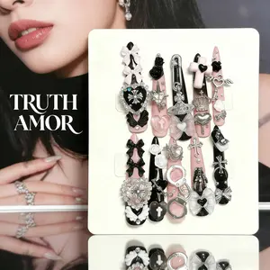 TRUTH AMOR Viral Dark Black-Pink Cool Girl Nails|Bows Cross Crown|Statement Rhinestone|Removable Handmade Press-Ons|Date Party Edgy Daily Nails ,nail kit set，nail kit，my nail set，Bedazzled kit