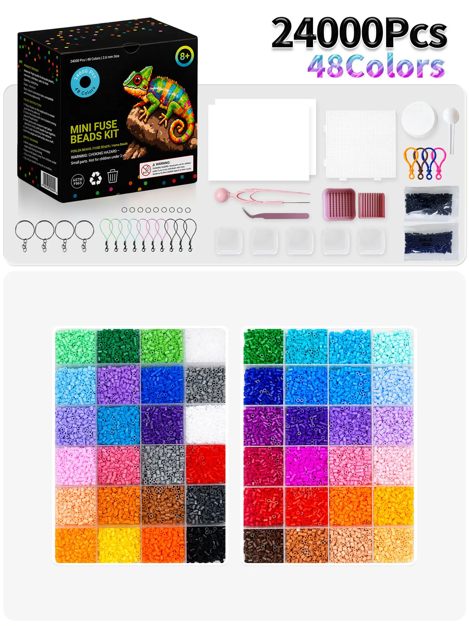 24000 2.6mm Fuse Beads Kit with 48 Colors & 100+ Patterns - Kids Art Supplies Set, Melty Beads for Room Decor, Safe Crafts Gift for Boys Girls Age 8+