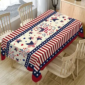 1pc Patriotic Independence Day Tablecloth |   Red White & Blue Stripes with Fireworks, Stars & Eagle Design, Durable Polyester Rectangular Table Cover for 4th of July Parties, BBQs, Picnics, Weddings, Kitchen & Outdoor Decor, Machine Made