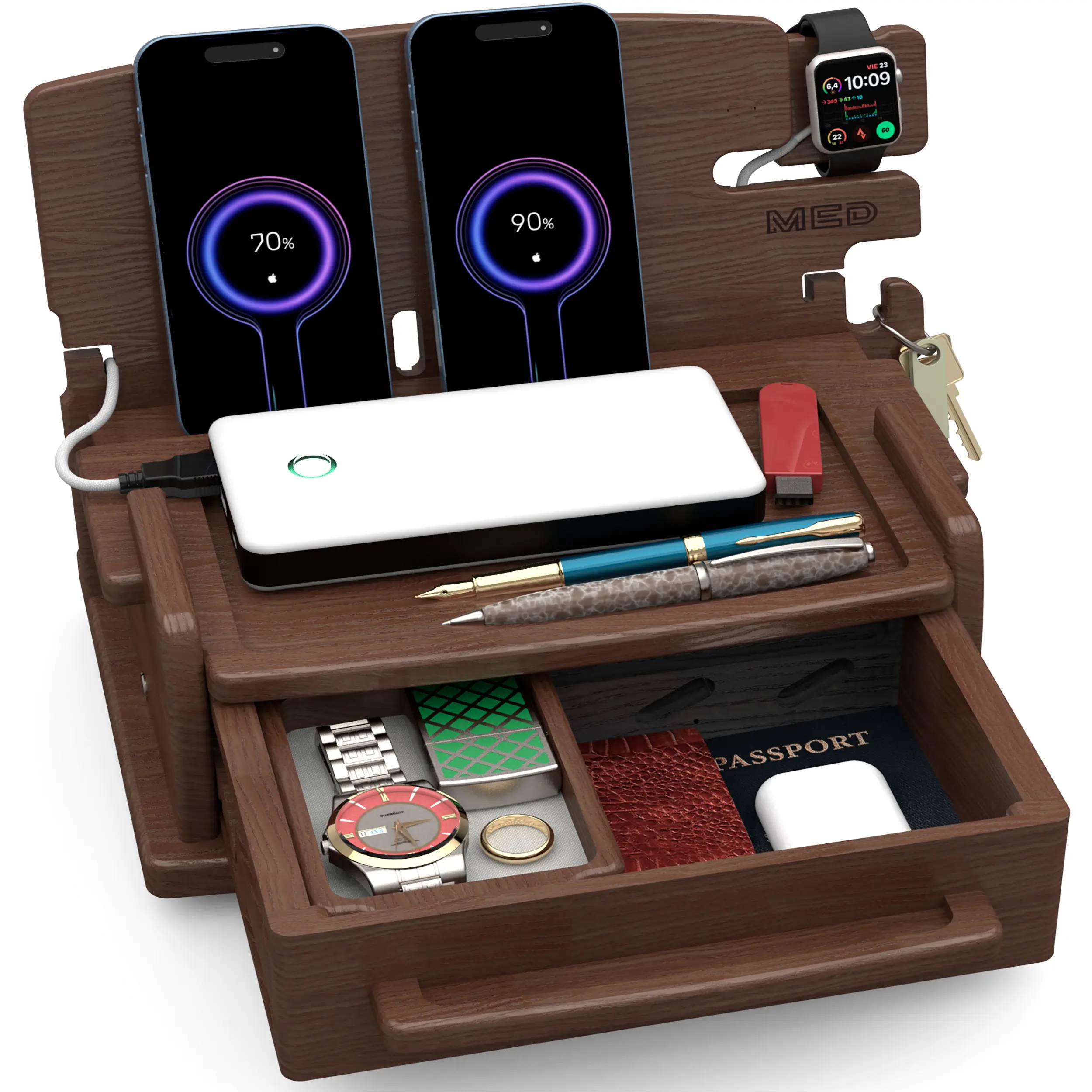 MED Wood Phone Docking Station – Nightstand Desk Organizer for Phone, Watch, Wallet & Tablet – Gift for Men, Husband, Dad & Women – Wooden Charging Stand - Model 3
