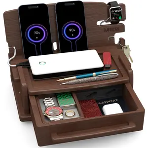 MED Wood Phone Docking Station – Nightstand Desk Organizer for Phone, Watch, Wallet & Tablet – Gift for Men, Husband, Dad & Women – Wooden Charging Stand - Model 3