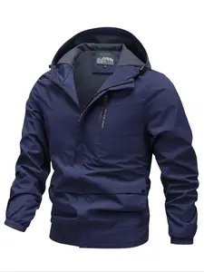 Men's Solid Zip Up Hooded Windproof Jacket, Regular Fit Casual Long Sleeve Drawstring Outerwear for Fall & Winter, Men's Clothes for Daily Wear, Fall Clothes