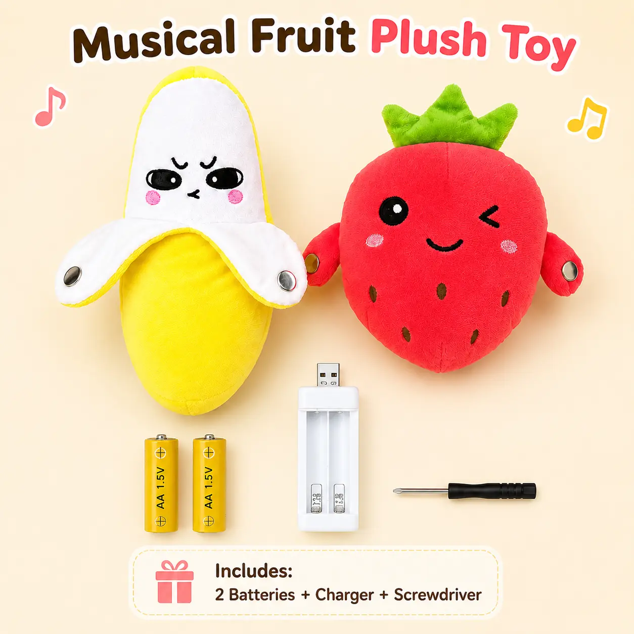 Soft Plush Interactive Musical Fruit Shapes Stuffed Toy (Banana/Strawberry) for Ages 3+, Tactile Play, Touch Sensors, 15 Built-In Songs, 2-Player Mode Parent-Child Interaction, Free Rechargeable AA Starter Kit (Batteries+Mini Screwdriver), 22x9.5x20cm, Tw
