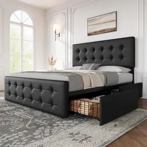 YJ-Garvee - Queen Size Bed Frame with 4 Storage Drawers and Headboard, Upholstered Platform Bed Frame in Synthetic Leather with Wooden Slat Support, Button Design, Black