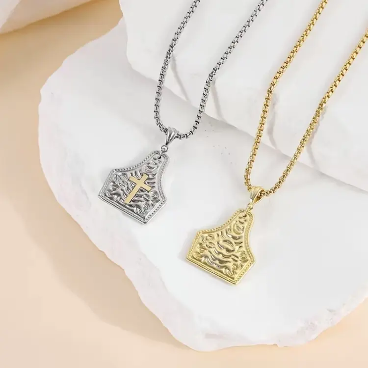 Unisex 14K Gold Cross Pendant Necklace with Intricate Design and Chain.Handmade Western Cow Tag Badge Cross Pendant Necklace,14K Gold Plated Cowboy Faith Necklace With Box Chain,Vintage Jewelry 2-Color Religious Gifts.
