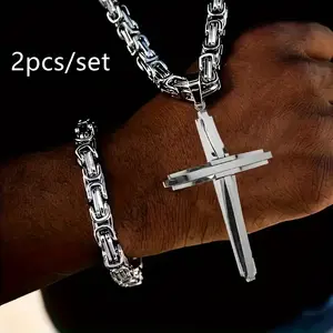 2pcs Mens Stainless Steel Silver Jesus Cross Pendant Necklace Chain Bracelet Set Jewelry, High-quality Religious Cross Pendant, Men'S Daily and Gift-giving Accessories, Suitable for All Seasons