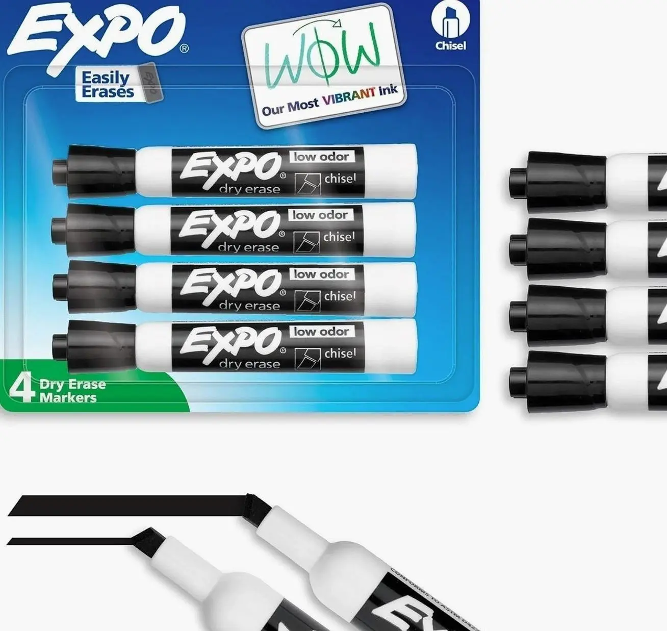 EXPO Dry Erase Markers, Low Odor Ink, Black, Chisel Tip, 4 Count - Whiteboard, Calendar, Organization, Essential Supplies for Office, School, Classroom, Teachers