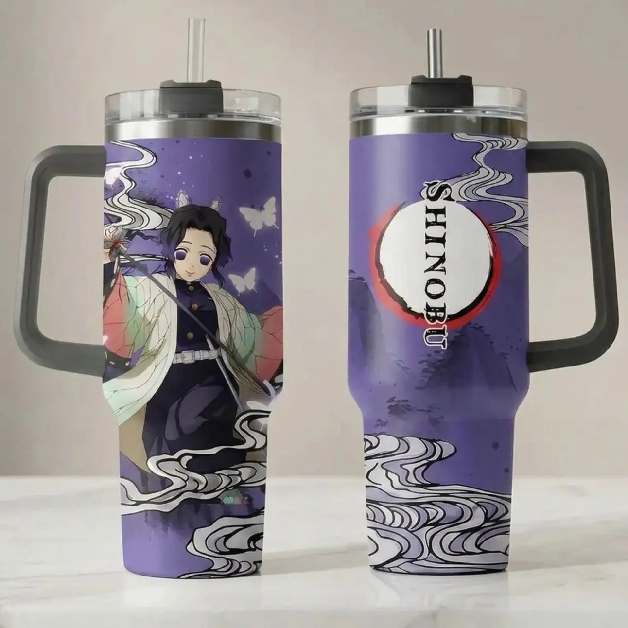Shinobu Kocho Inspired 20oz/30oz/40oz Stainless Steel Tumbler – Double Wall Vacuum Insulated Travel Mug with Handle, Butterfly Anime Fan Gift