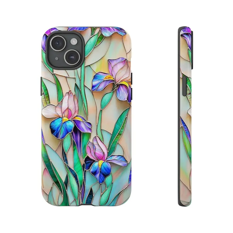 Stained Glass Iris Flower Premium Film 2 in 1 Phone Case - Durable, Shock Absorbing and Stylish Protection - Compatible with iPhone 16, 15, 14, 13, 12, 11, Plus, Pro, Pro Max, Perfect birthday gift for friends. Protective Local