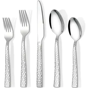 20 Piece Hammered Silverware Set, Food Grade Stainless Steel Flatware Set For 4, Cutlery Set, Home Kitchen Utensil Set, Include Knives Forks And Spoons Silverware Set, Mirror Finish, Dishwasher Safe