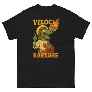Velocirapture T-Shirt, Funny Dinosaur Jesus Parody Tee, Cartoon Raptor with Asteroid