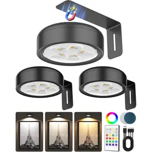 3 Pack Wall Picture Lights, Wireless 2000mAh Rechargeable Magnetic LED Puck Lights with Remote Control, 3 Color Modes & 12 RGB Colors, Adjustable Brightness and Timing Function, Art Frame Light for Painting Display, Photo Decoration and Wall Ornament