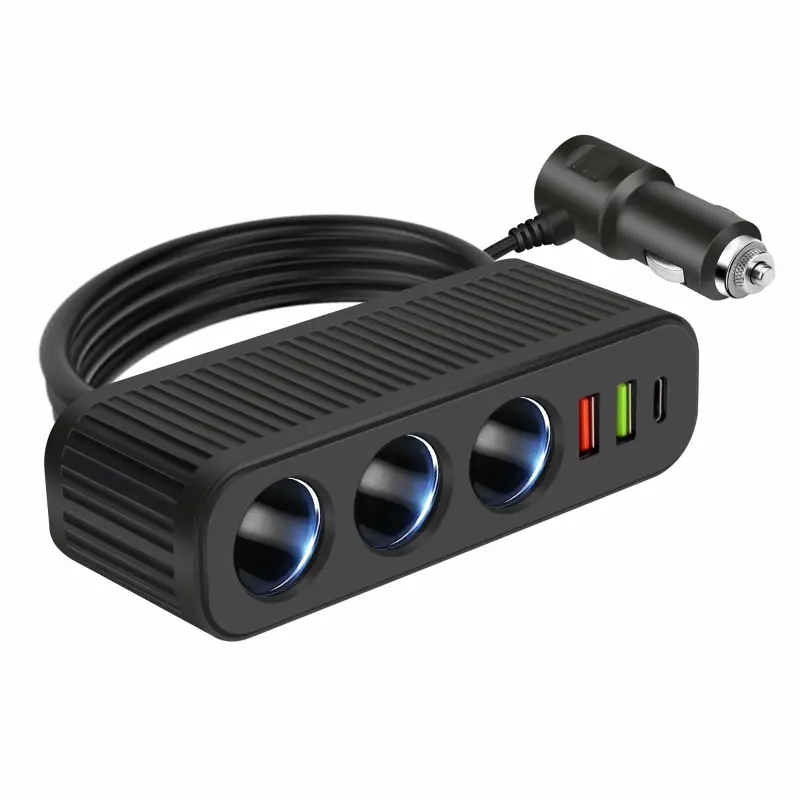 AXVIV 6-in-1 Car Cigarette Lighter Splitter – 12V/24V Multi Car Charger Adapter with 3 Socket Power Outlet, Fast Charging Type-C PD & Dual USB Ports, Extension Cord Power Hub for Road Trips, SUV, Truck