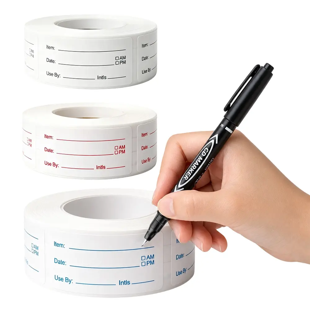 3 Rolls Removable Food Labels, 1 x 2 Inch Writable Blank Space, Self-Adhesive For Dry Containers, Freezer And Fridge Use, 500 Labels Per Roll, Blue Red Black