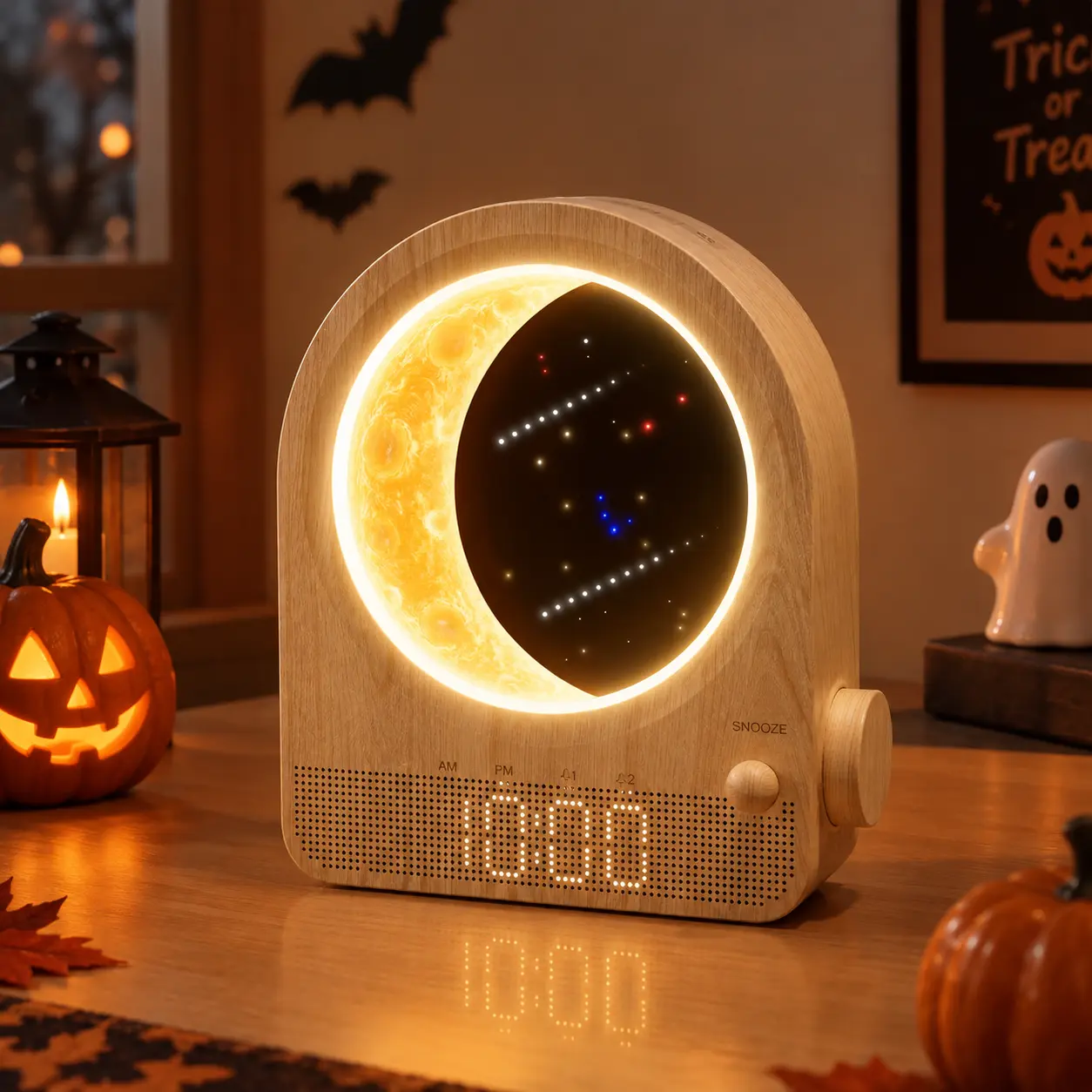 Blonbar Retro Round Shape LED Alarm Clock - Plastic Adjustable Dimmable Clock, Digital Decor with Lights, Bedroom Projection, Sunrise Wake-Up Tool, 10-Sound White Noise Sleep Aid, 3-Level Touch Dimming, Moon & Starry Sky Backdrop, Home Gift,home decor