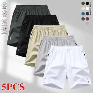 Set of 5 men’s quick-dry athletic shorts featuring zippered pockets, an elastic waistband that can be adjusted, suitable for fitness and commuting. Summer shorts, menswear.