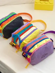 New Summer Energy Dopamine Rainbow Striped Crossbody Bag, Ultra-Light Portable Canvas Bag, Trendy Street Style Daily Commute Phone Bag, Zipper Crossbody Bag