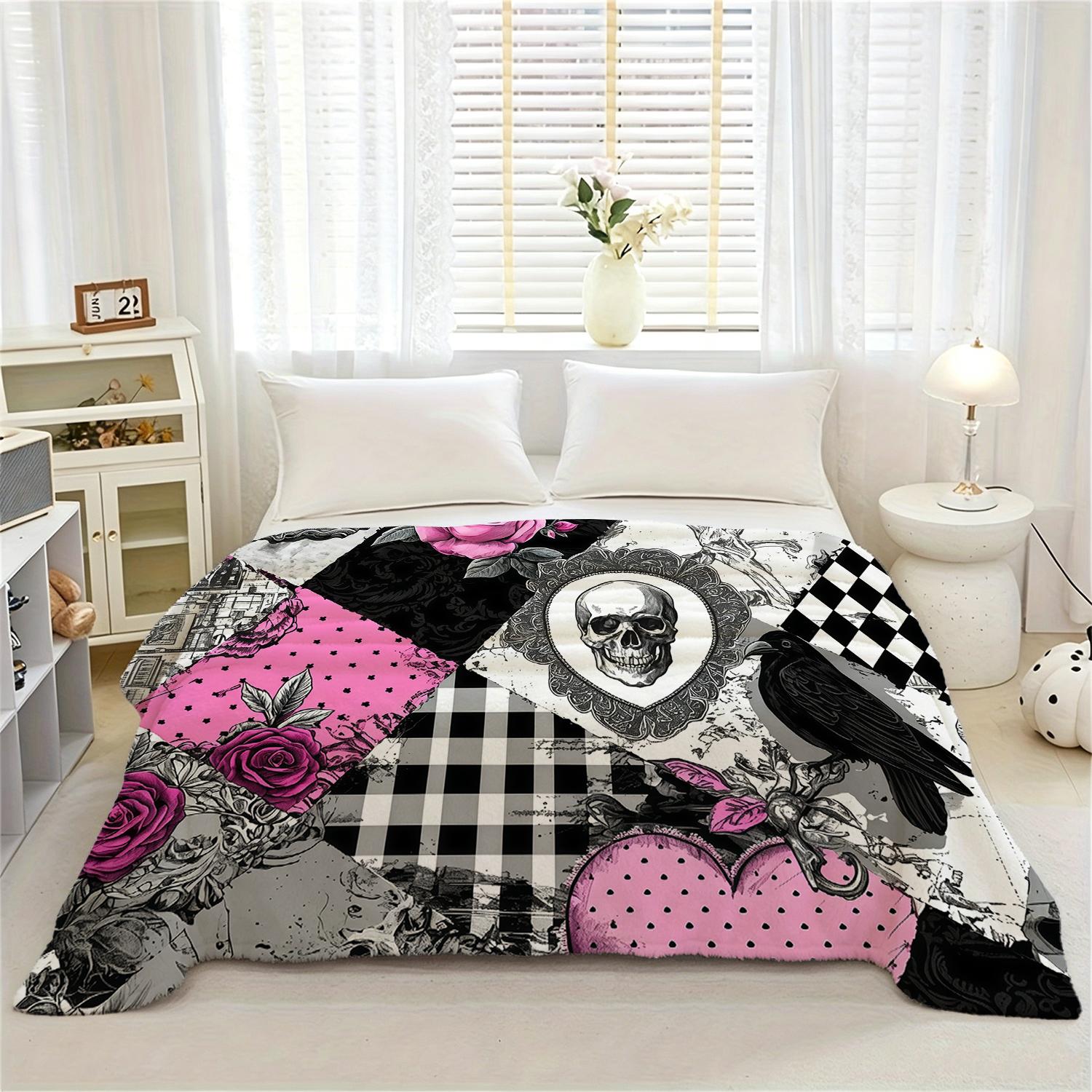 Pink Black Gothic Patchwork Print Flannel Throw Blanket - Harlequin, Gingham, Polka Dot Grids, Soft Fleece, Vintage Punk Skull Art, Raven, Hot Pink Roses, Cozy Lounging, Home House Room Decor, Ideal Gift for Alt Pastel Goth Lovers