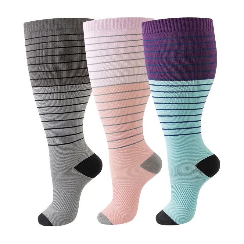 Unisex 3 Pairs Plus Size Extra Wide Calf Knee-High Compression Socks, 20-30 mmHg, Breathable, Fitness Gym Outdoor Daily Support Socks