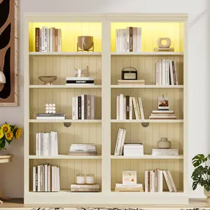 ARCH 83" Tall Wood Bookcase Suite with light strip ,5-Tier Decor Bookcase Suite with Adjustable Shelves,Storage Organizer,Free Standing Storage Shelves Suite for Living Room,Home Office,Beige and Yellow