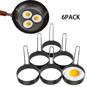 Pack of 6 Black Egg Ring, Stainless Steel Round Egg Cooking Rings Non-Stick Frying Egg Maker Molds Ideal For Making Egg Muffins, Mini Pancakes, Fried Eggs, Poached Eggs, Breakfast Sandwiches, Hamburgers Etc.
