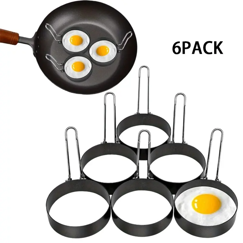 Pack of 6 Black Egg Ring, Stainless Steel Round Egg Cooking Rings Non-Stick Frying Egg Maker Molds Ideal For Making Egg Muffins, Mini Pancakes, Fried Eggs, Poached Eggs, Breakfast Sandwiches, Hamburgers Etc.
