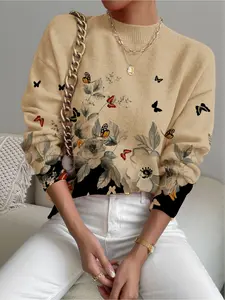 Women's Butterfly Floral Print Stand Collar Sweater, Casual Long Sleeve Knitwear for Fall Winter, Comfortable Warm Daily Wear, Womenswear