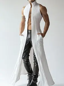 Men's Solid Color Textured Long Cardigan, Casual Stand Collared Sleeveless Pocket Tank Top Vest Top Waistcoat for Summer, Fashion Men's Clothes for Daily Wear