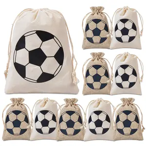 12 PCS World Cup Soccer Drawstring Cotton Muslin Bags – Sports Team Party Favor Bags, Candy Burlap Pouches, Reusable Storage Sacks